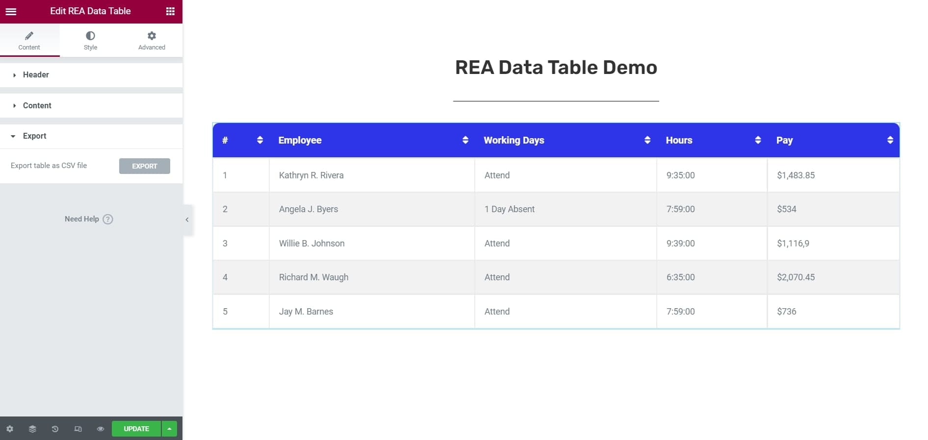 REA Data Table Widget Demo Screenshot 1