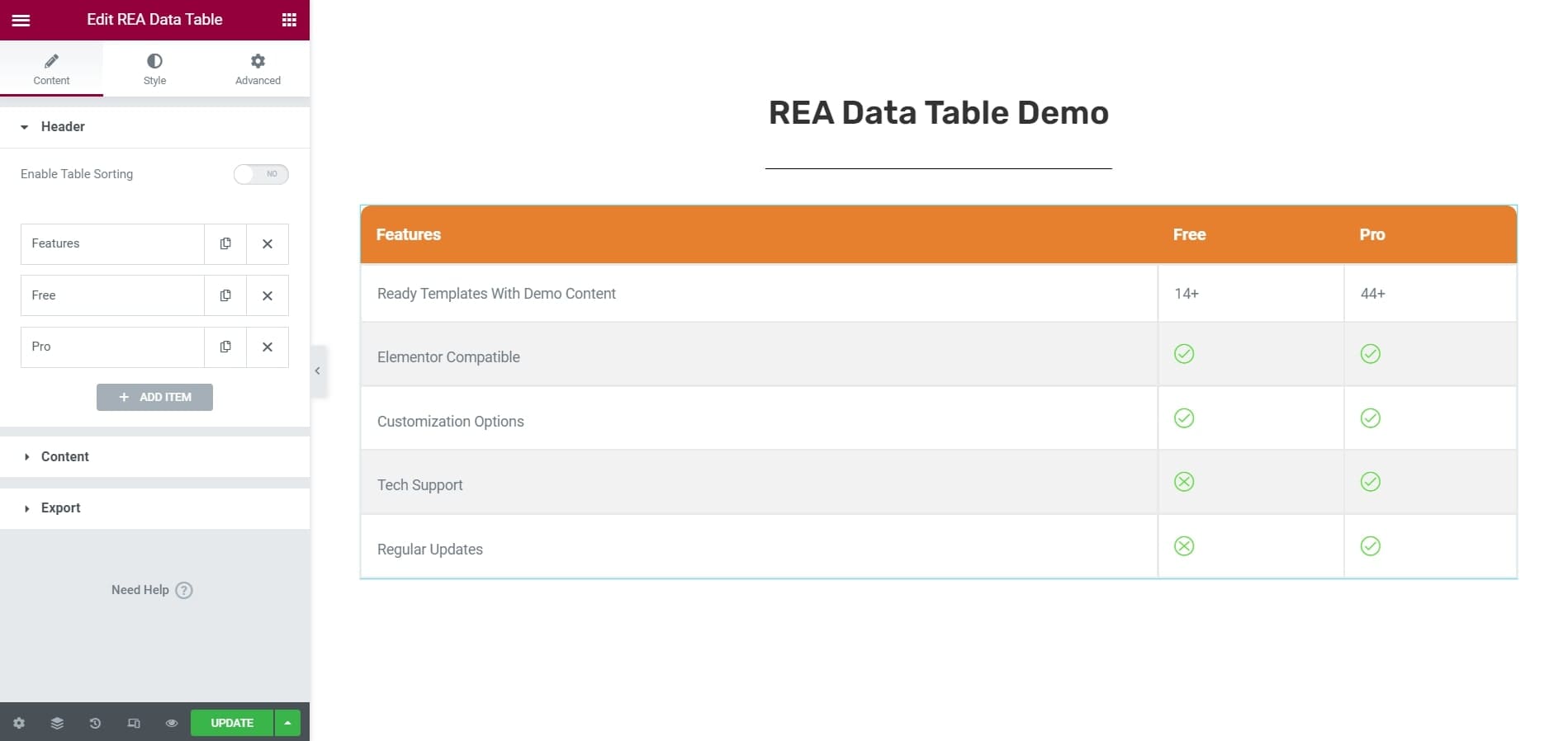 REA Data Table Widget Demo Screenshot 2