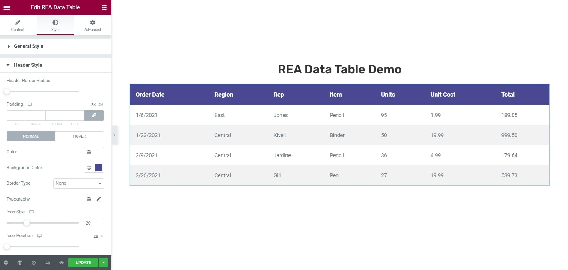 REA Data Table Widget Demo Screenshot 3