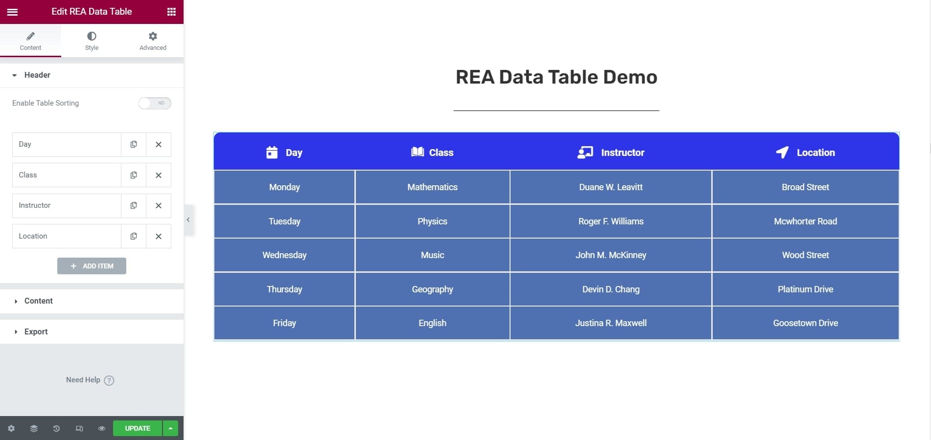 REA Data Table Widget
