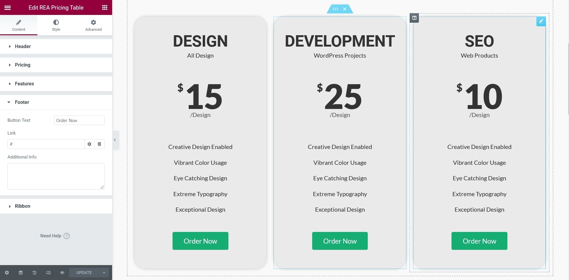 elementor pricing table