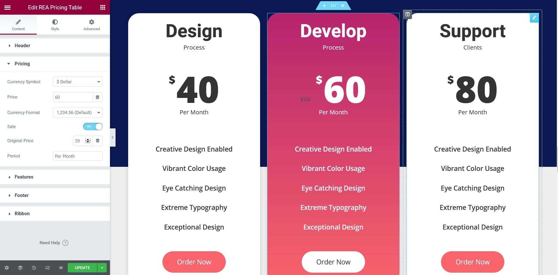 pricing table elementor