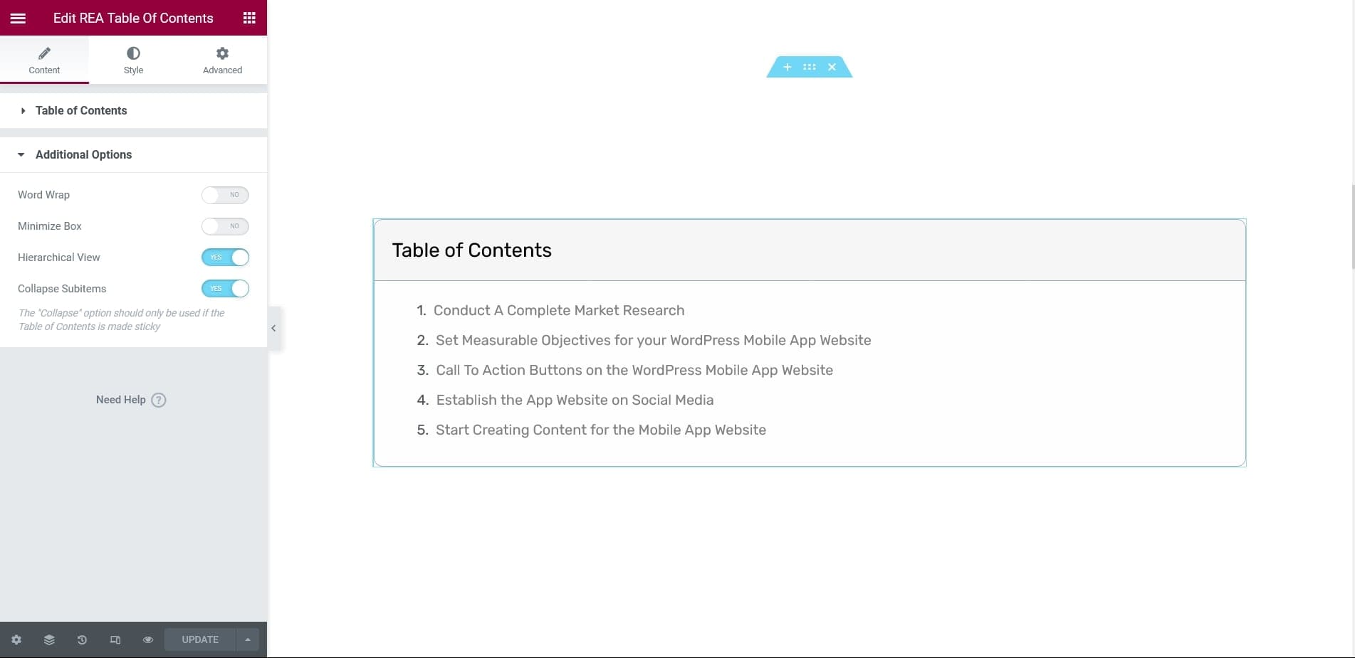REA table of contents widget demo screenshot 2