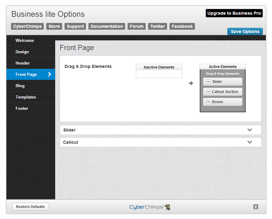 Business lite Front Page Options
