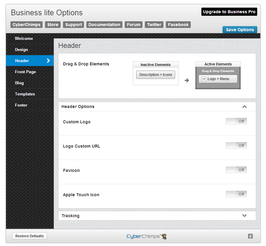 Business lite Header Options