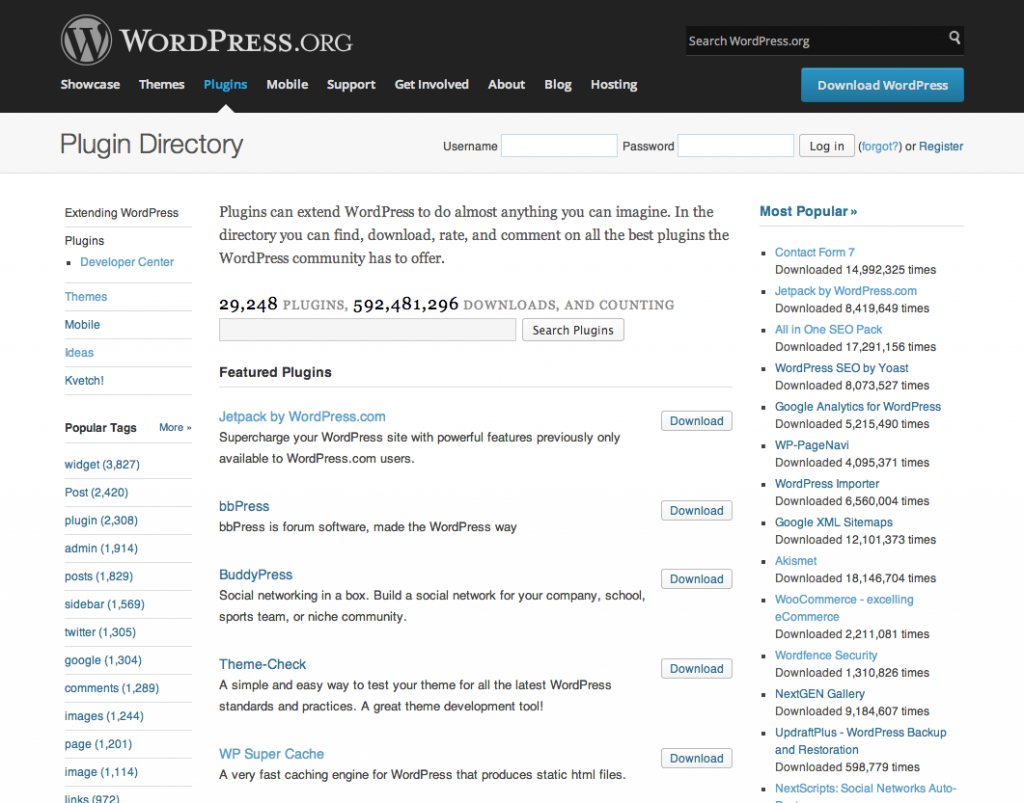 Screen shot of WordPress plugins page