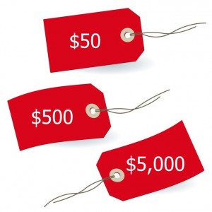 Three red price tags showing $50, $500, $5,000