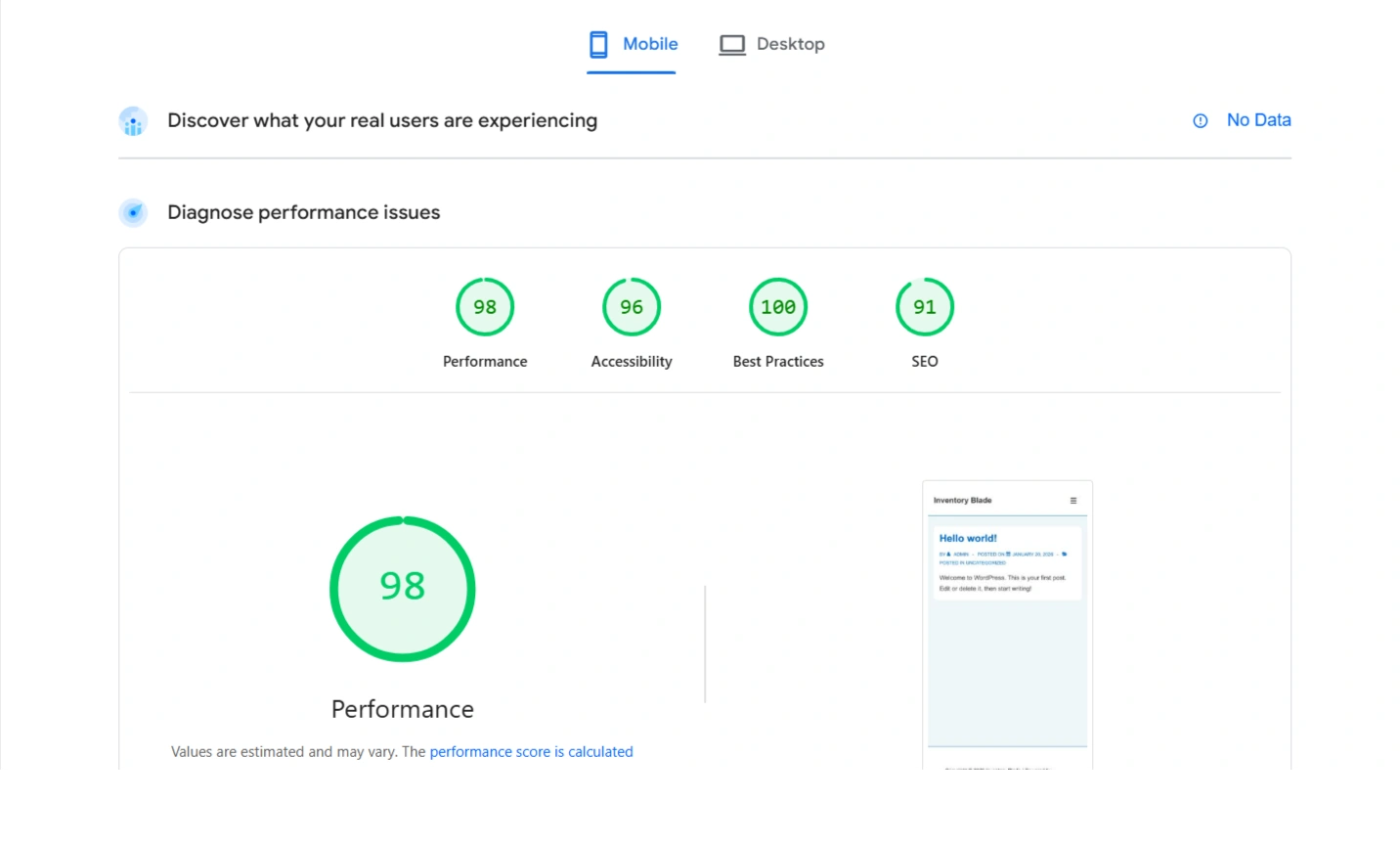 pagespeed insight for responsive theme