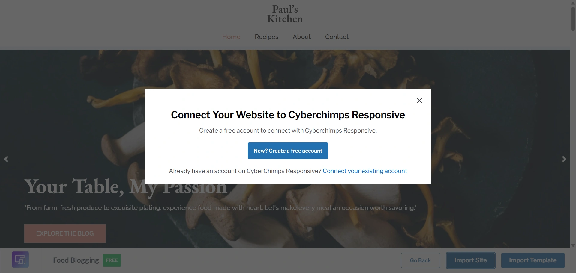 Connect site for food template