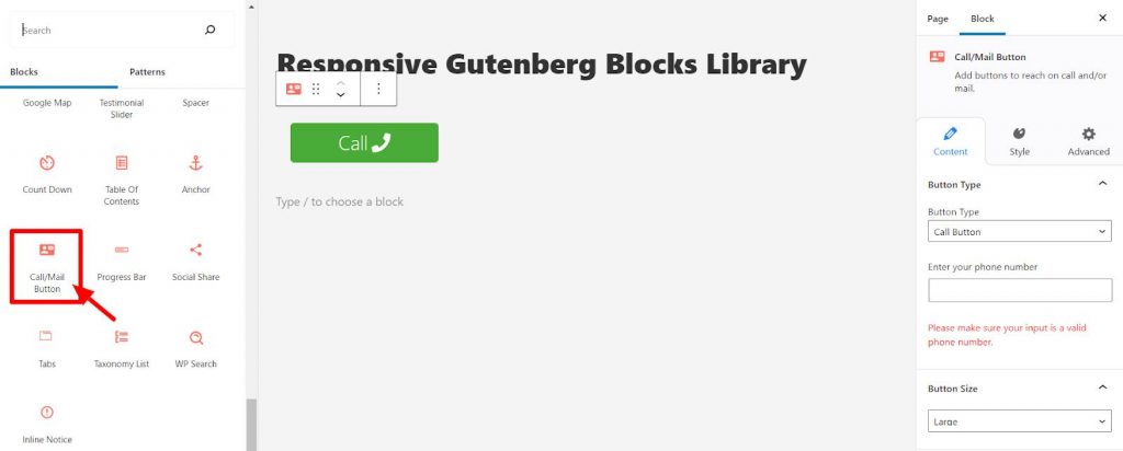 Gutenberg Call/Mail Button Block