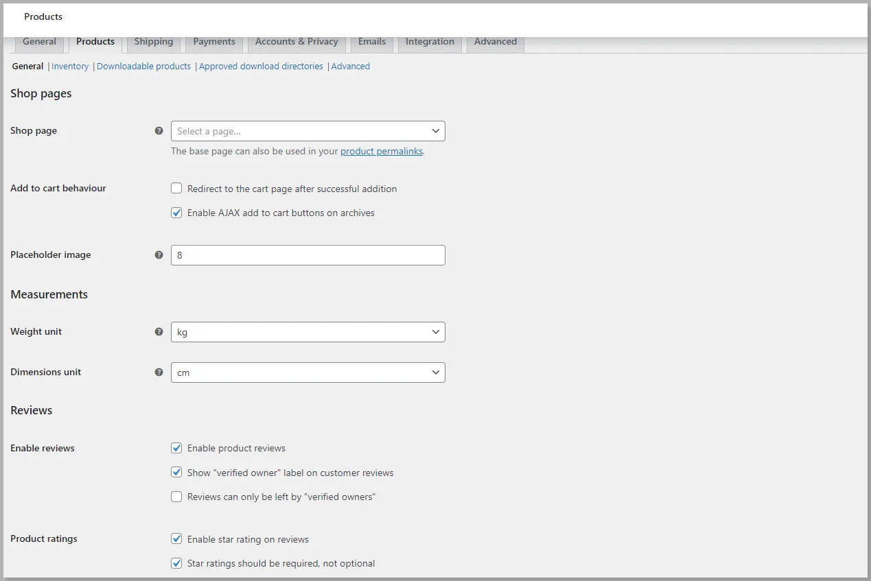 Products WooCommerce settings