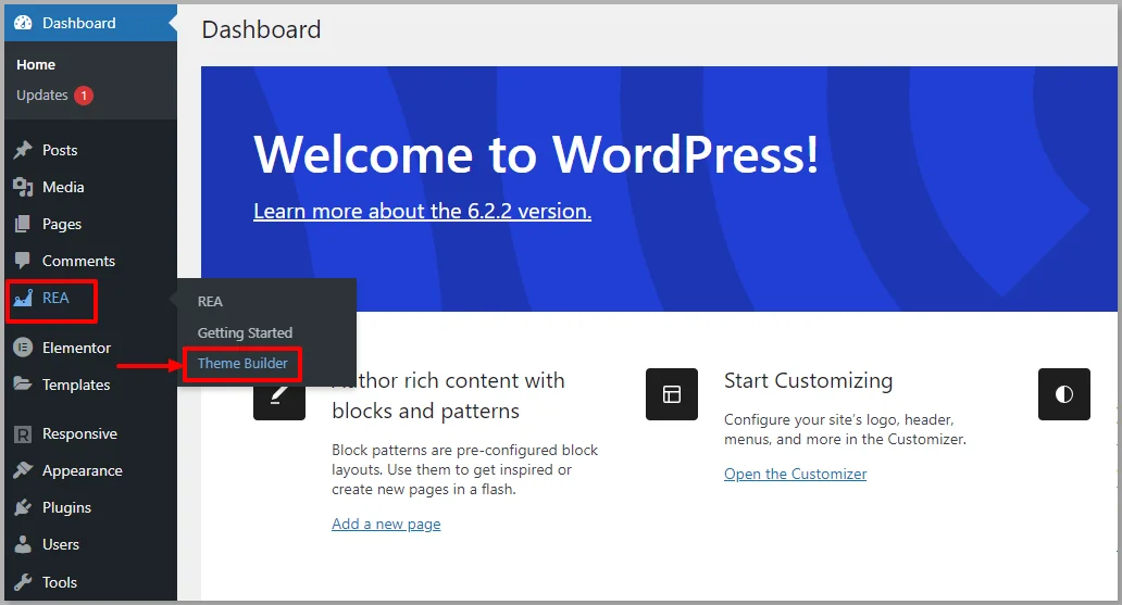 REA Theme builder menu