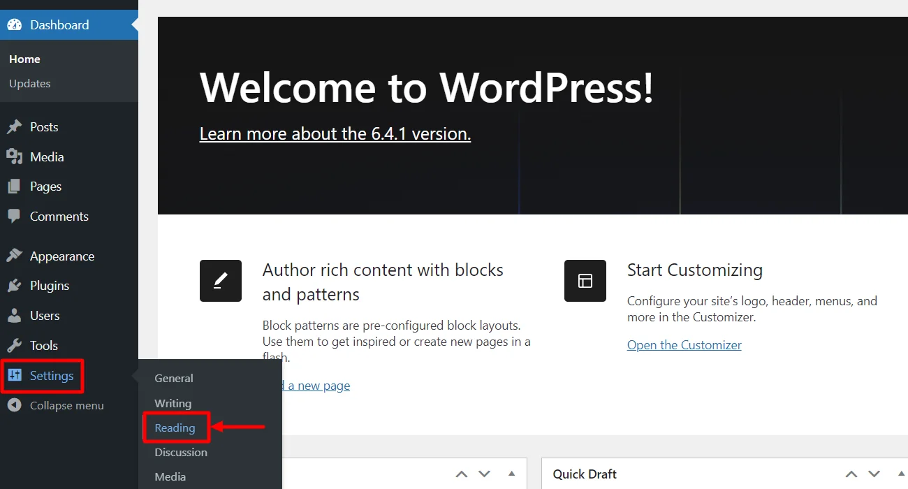 Reading settings in WordPress dashboard