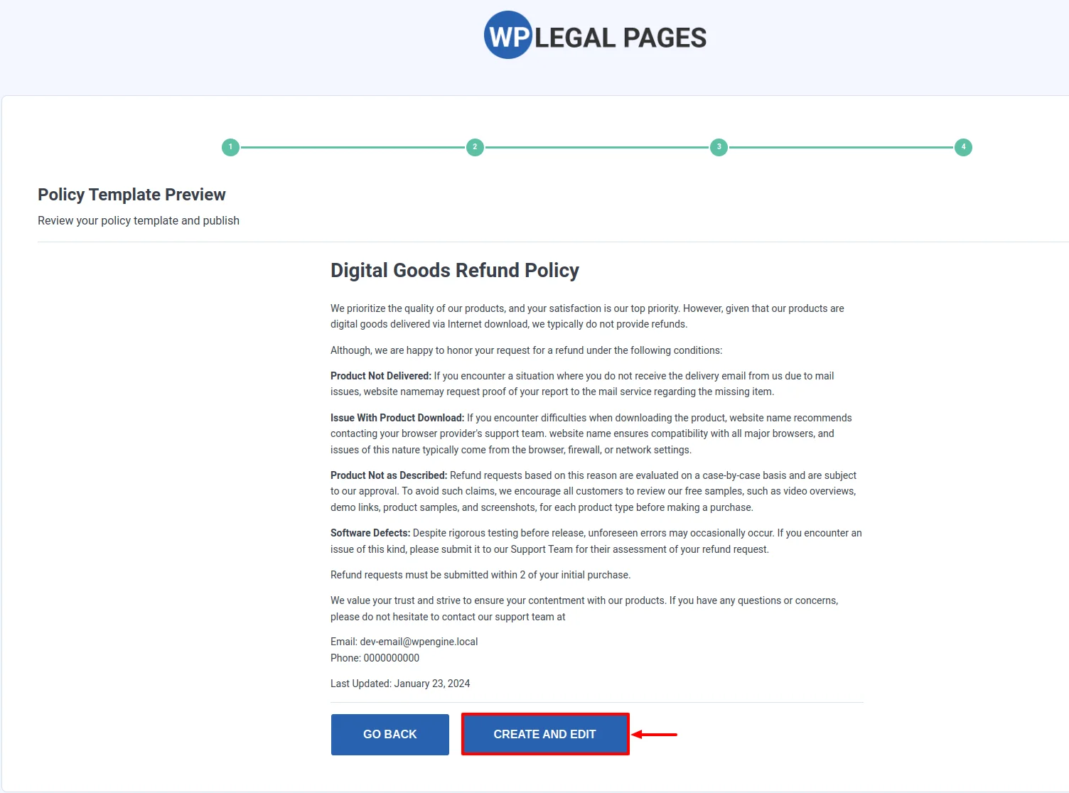 Digital goods refund policy template preview
