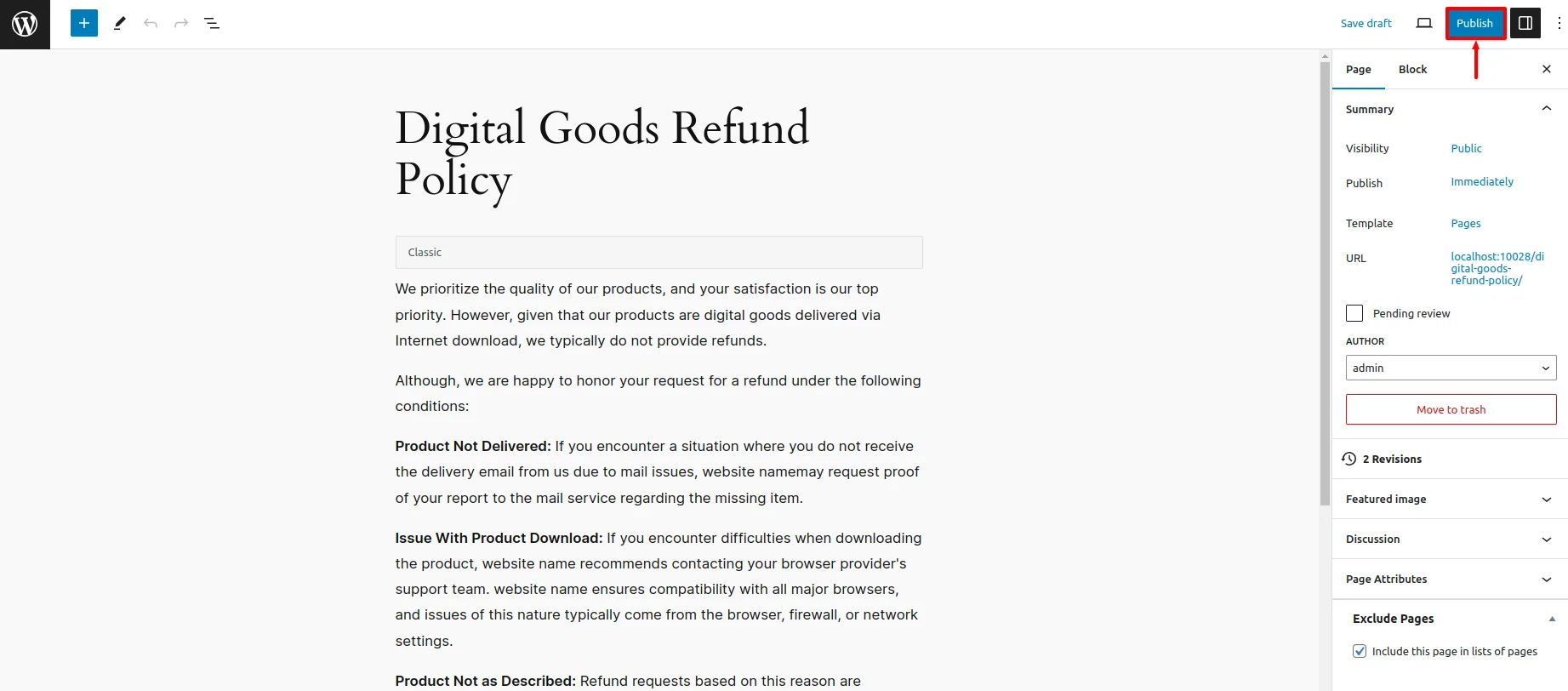 Publishing digital goods refund policy