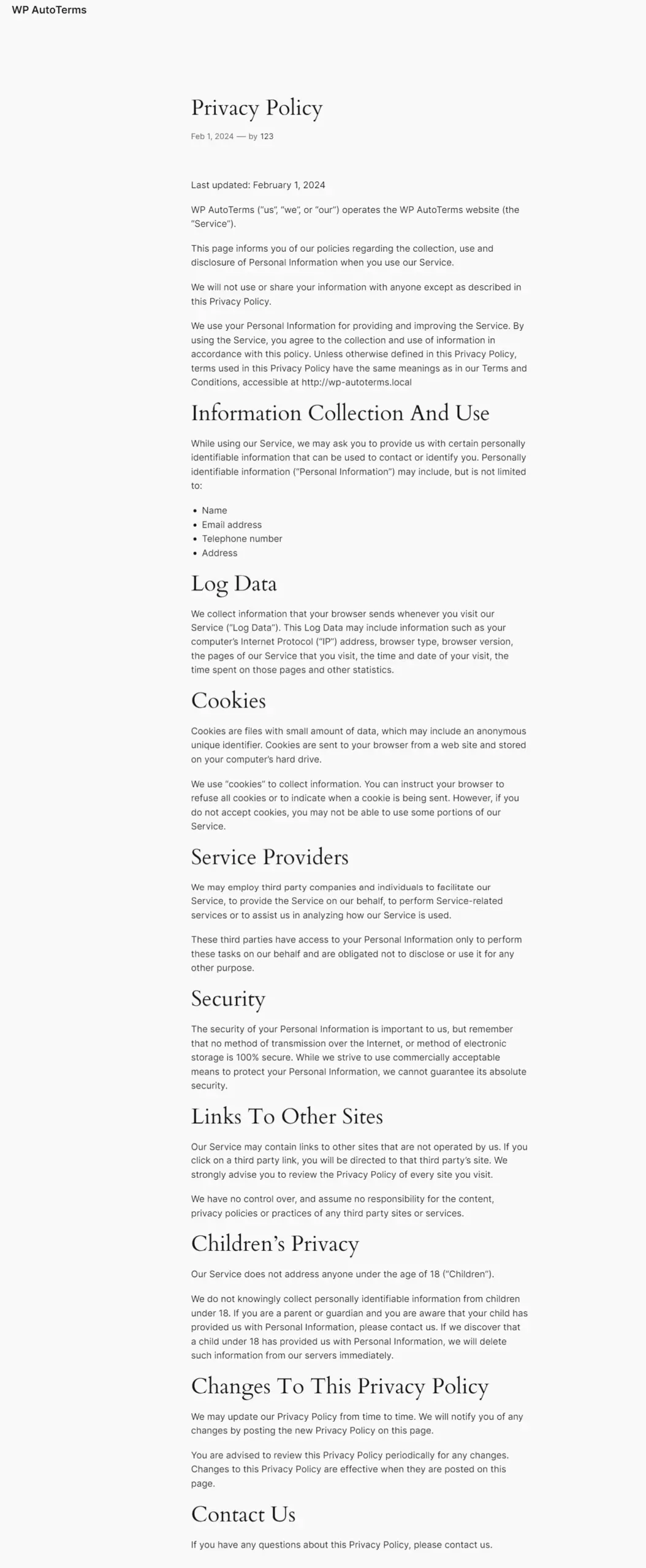 WP AutoTerms privacy policy template preview.
