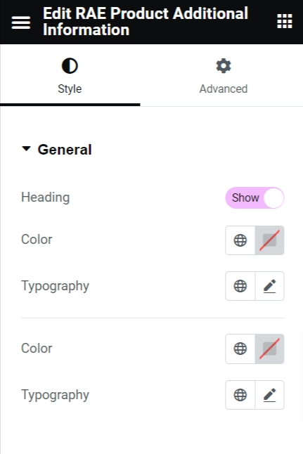Styling product additional information widget