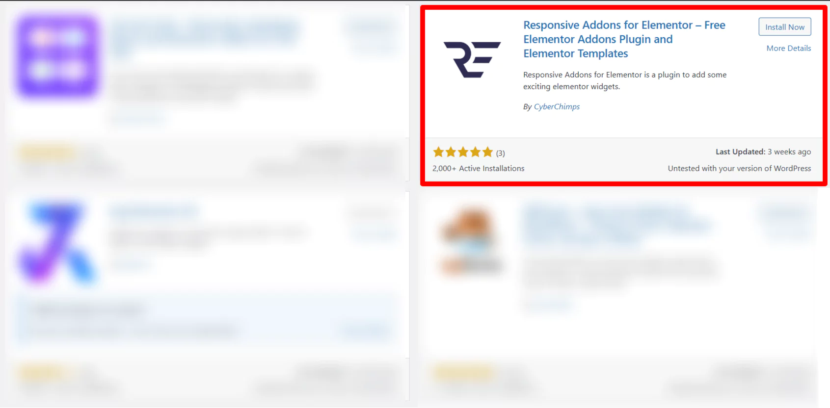 Searching for Responsive Addons for Elementor on the search bar