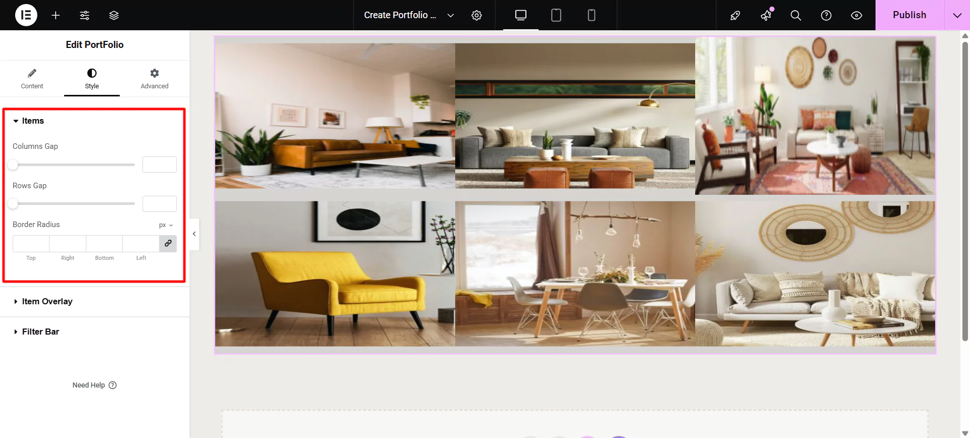 Styling the item section of the widget