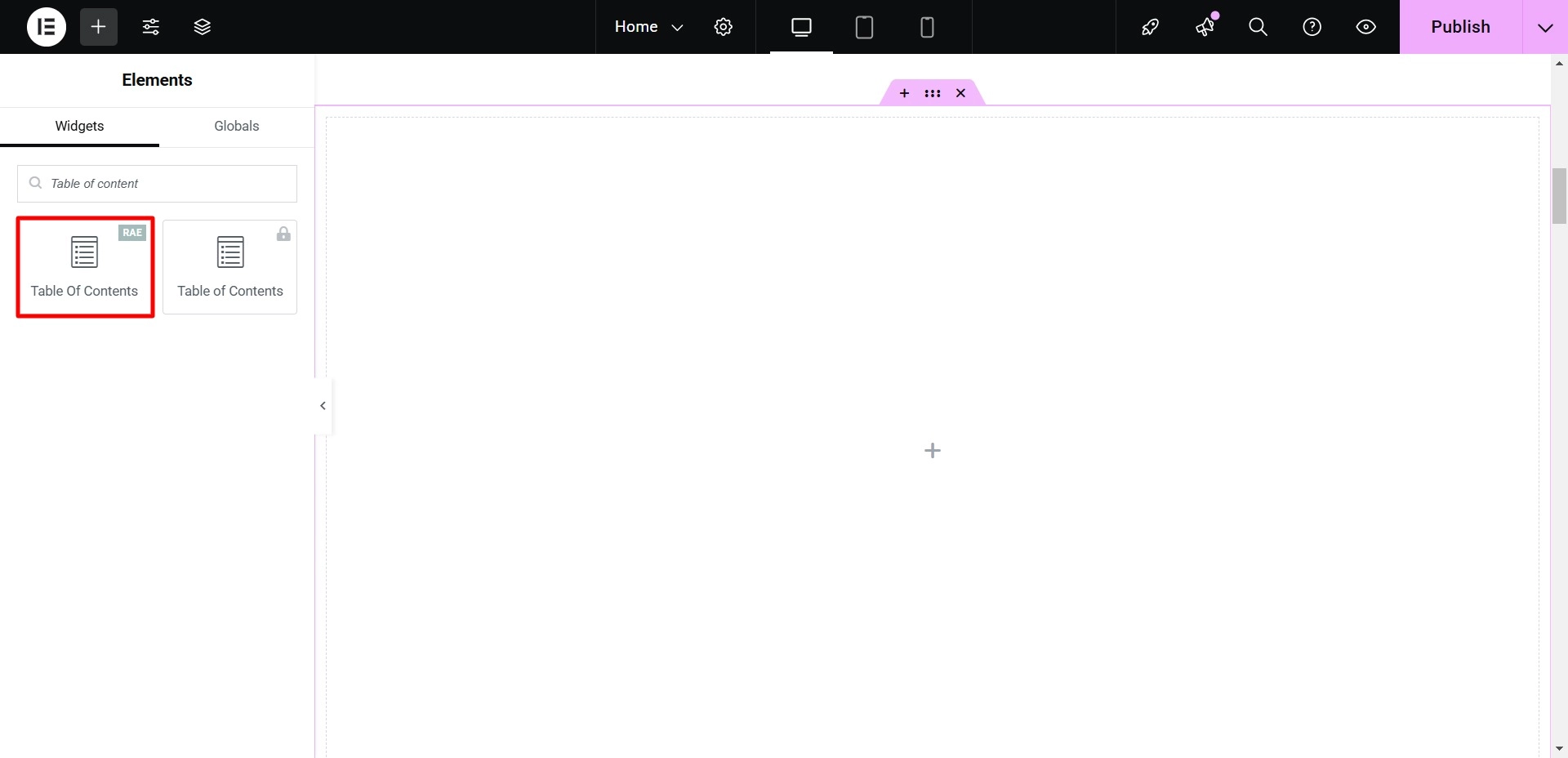 Search and add Table of Content widget