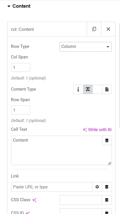 Data table content