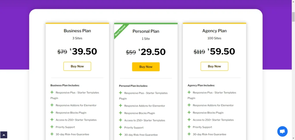 Cyberchimps Responsive Pricing plans
