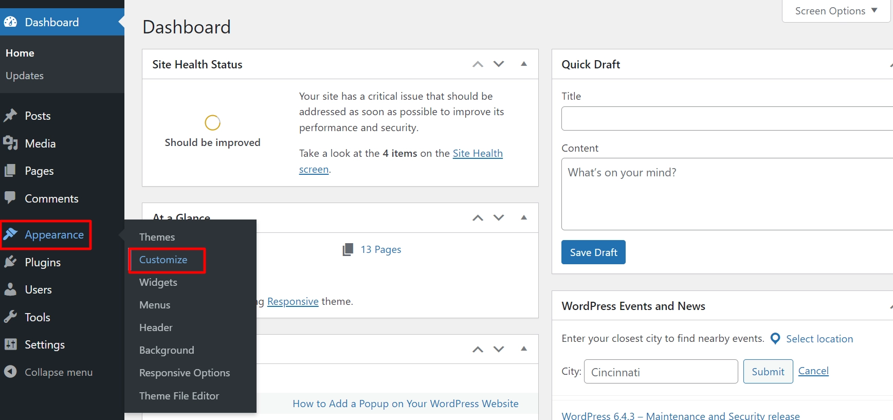 Clicking on customize from appearance tab in dashboard
