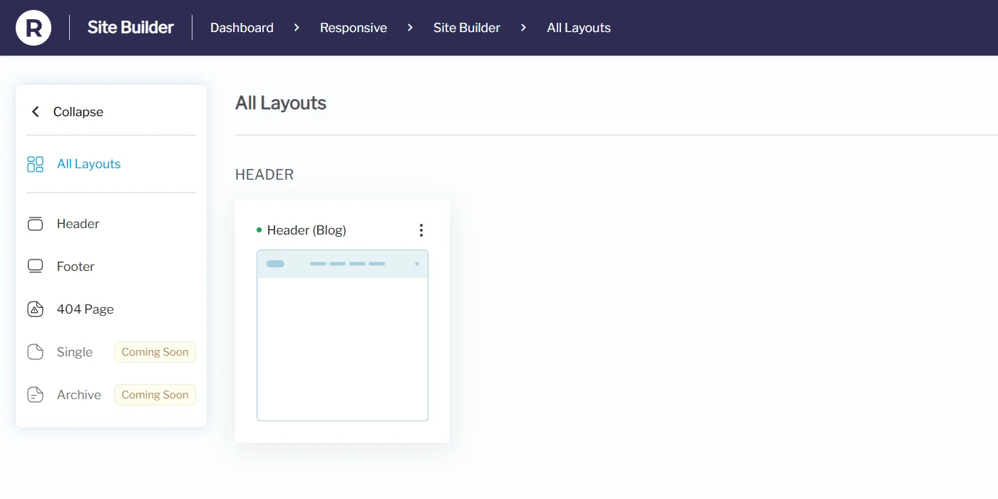 Published layouts in Site Builder dashboard