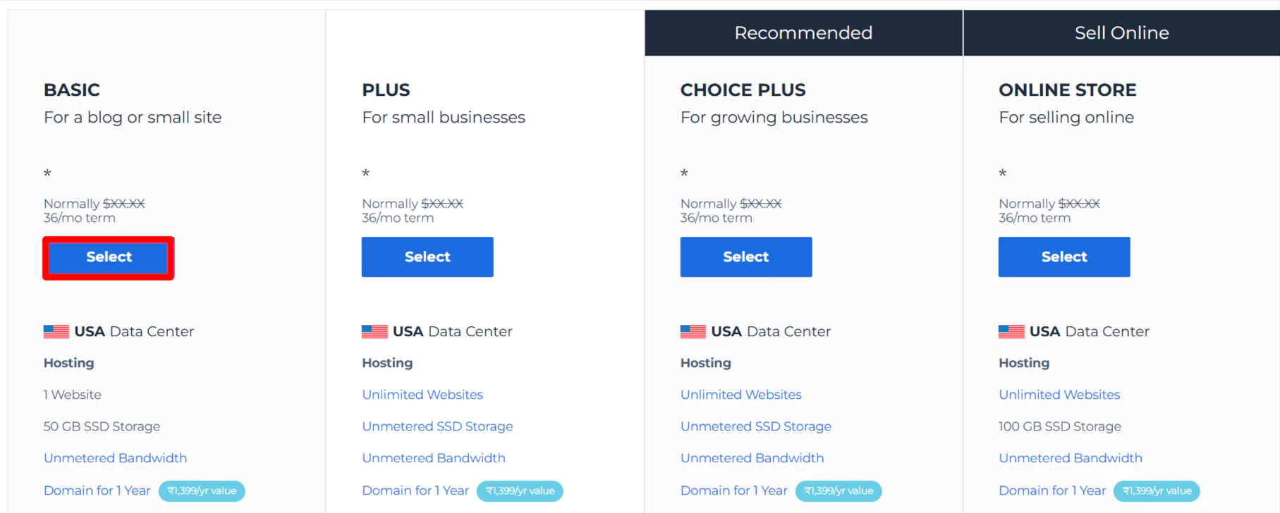 Selecting Bluehost pricing plan.
