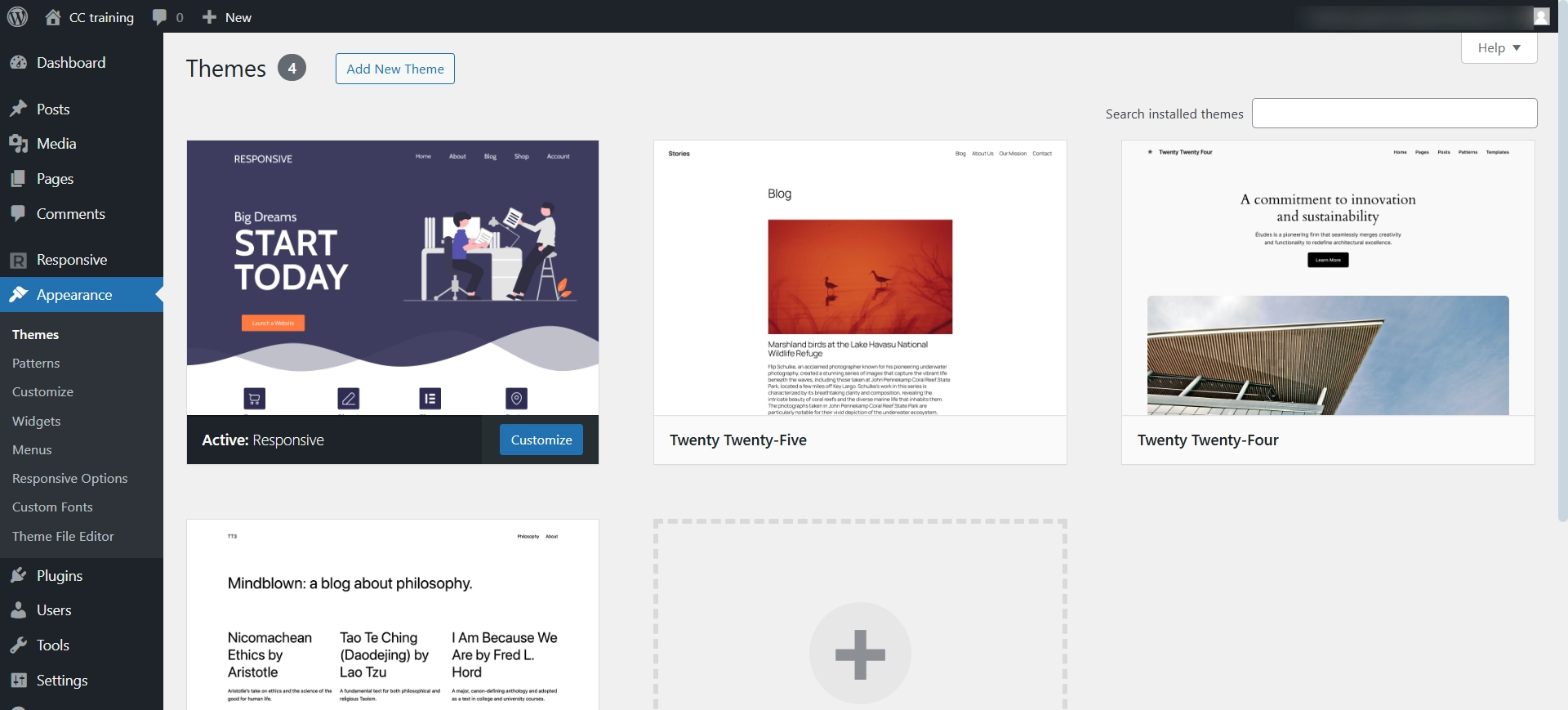 clicking on Appearance Themes and Add New.