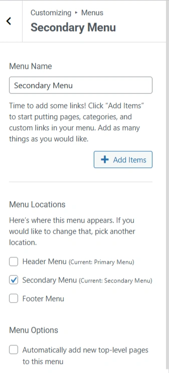 settings of secondary menu