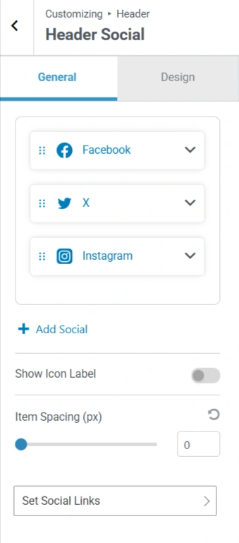General setting of header social