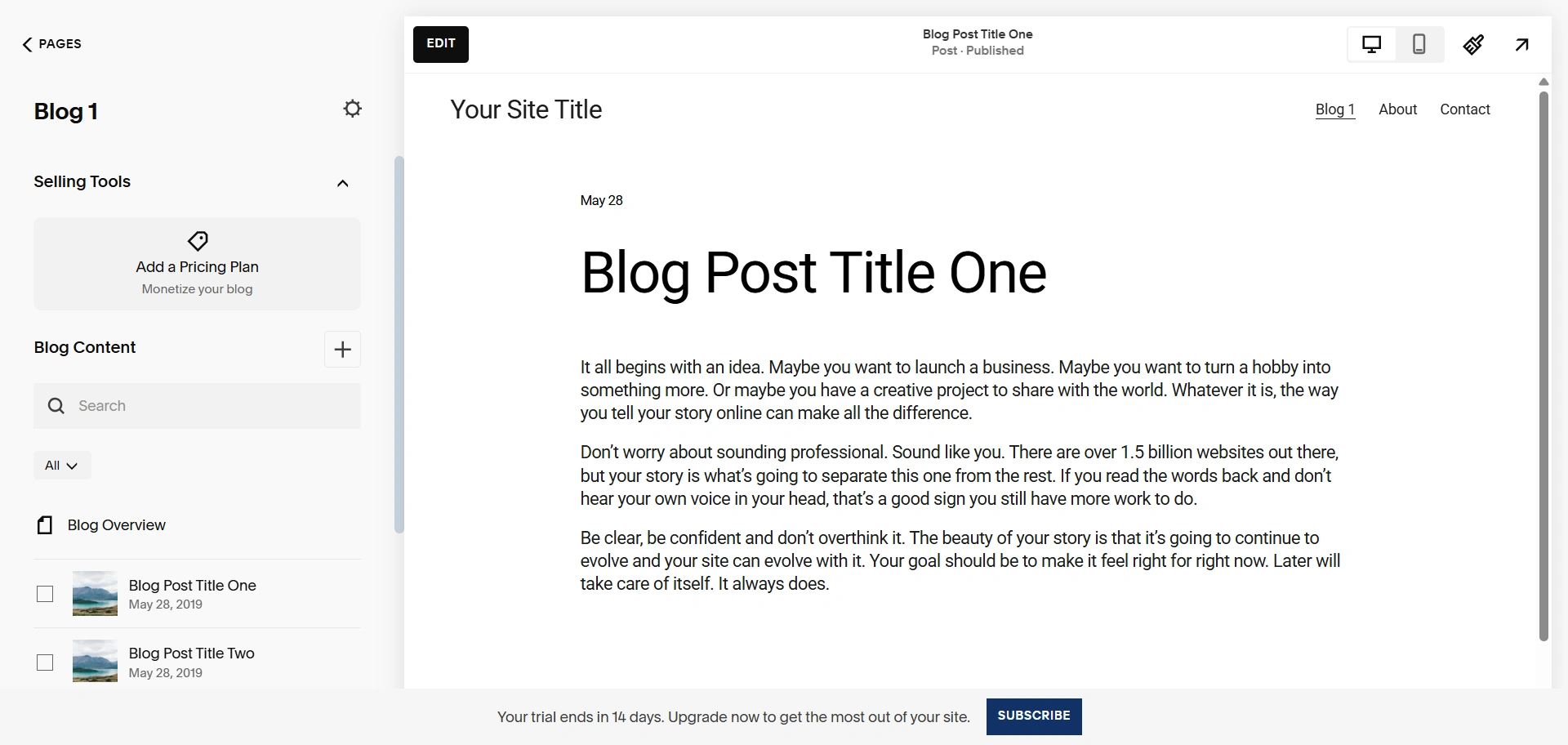 Squarespace blog editor