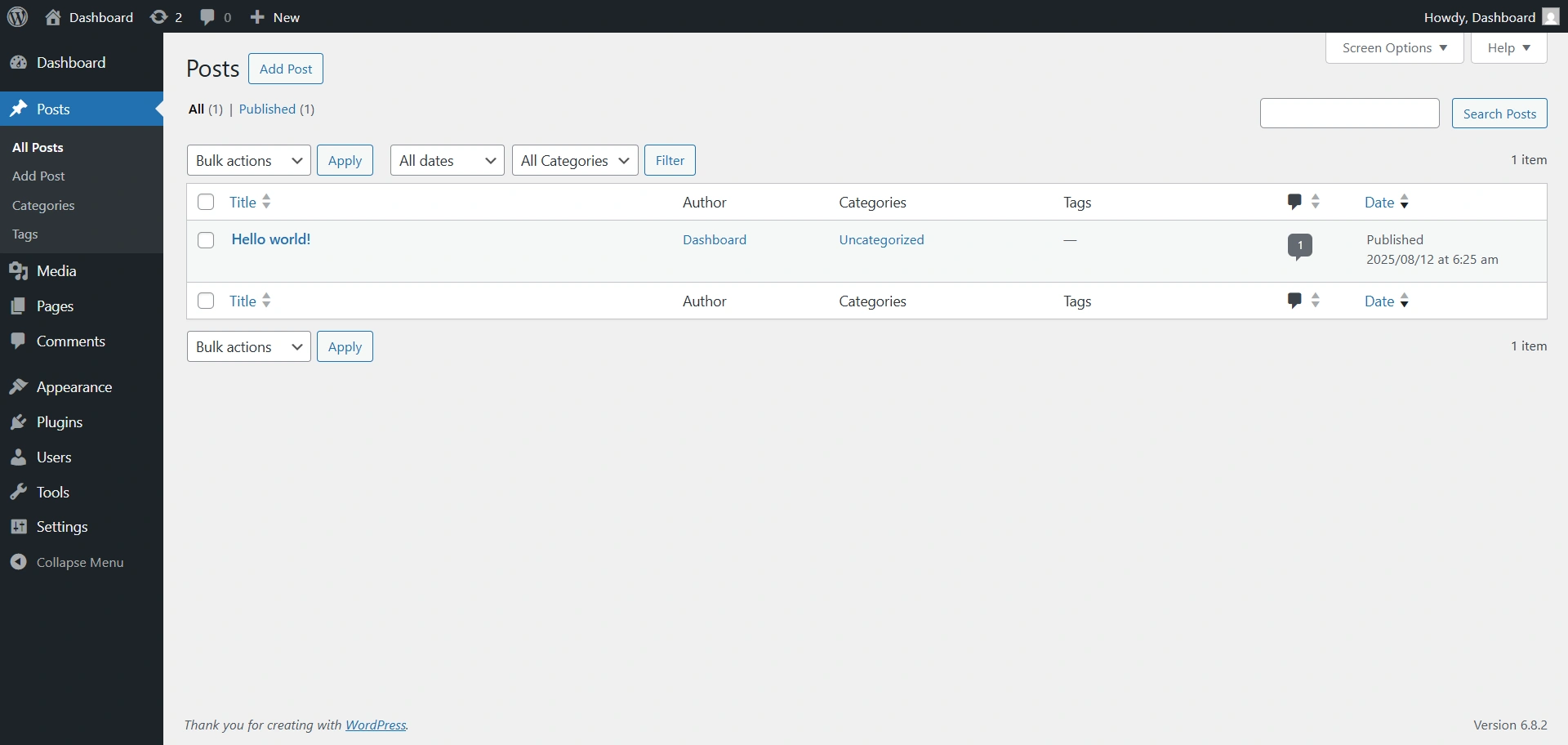 WordPress dashboard