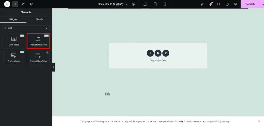 Selected Product Data Table widget