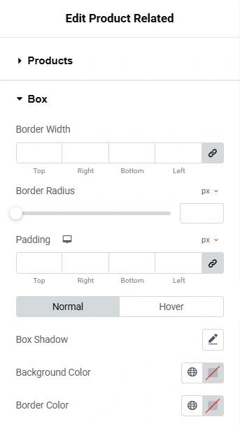 Box settings in Edit Product Related main section