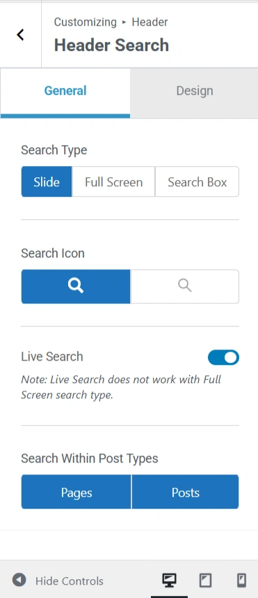 Header Search in Customizer