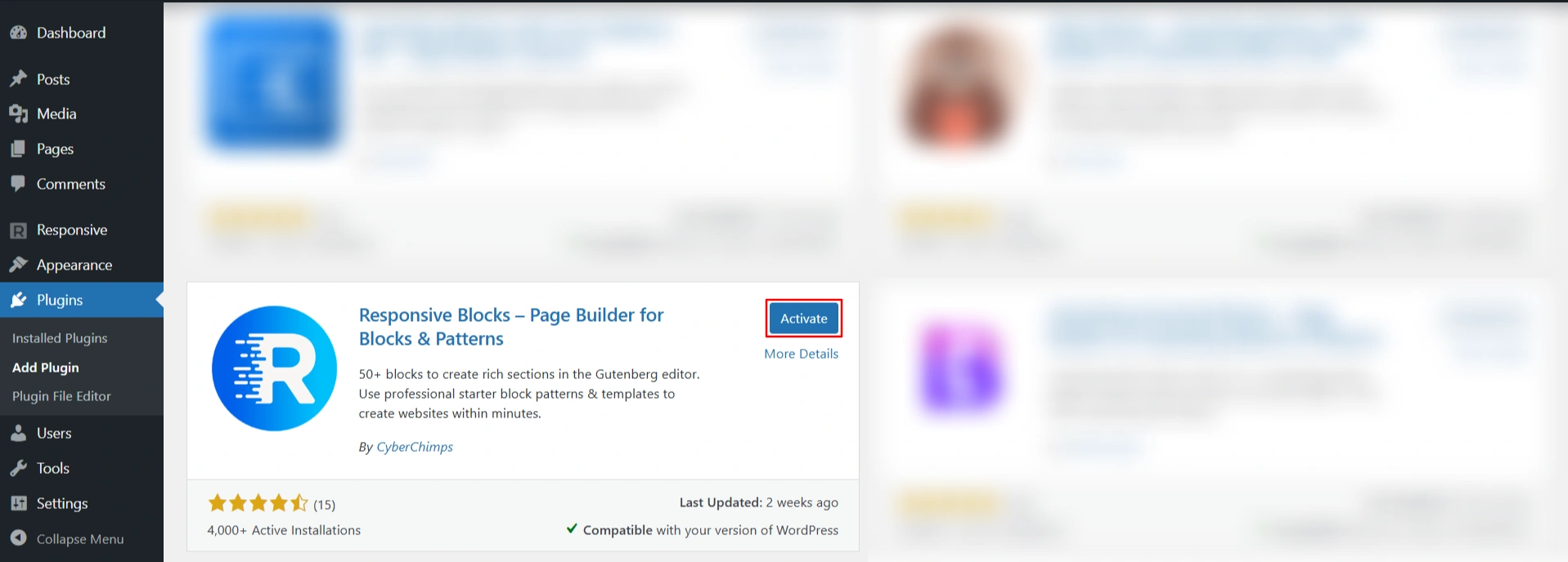 Activating Responsive Blocks plugin