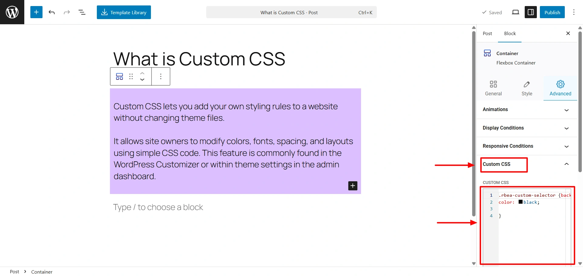 Custom CSS code added