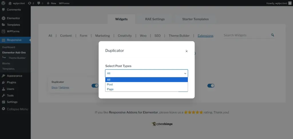 Selecting post types in duplicator