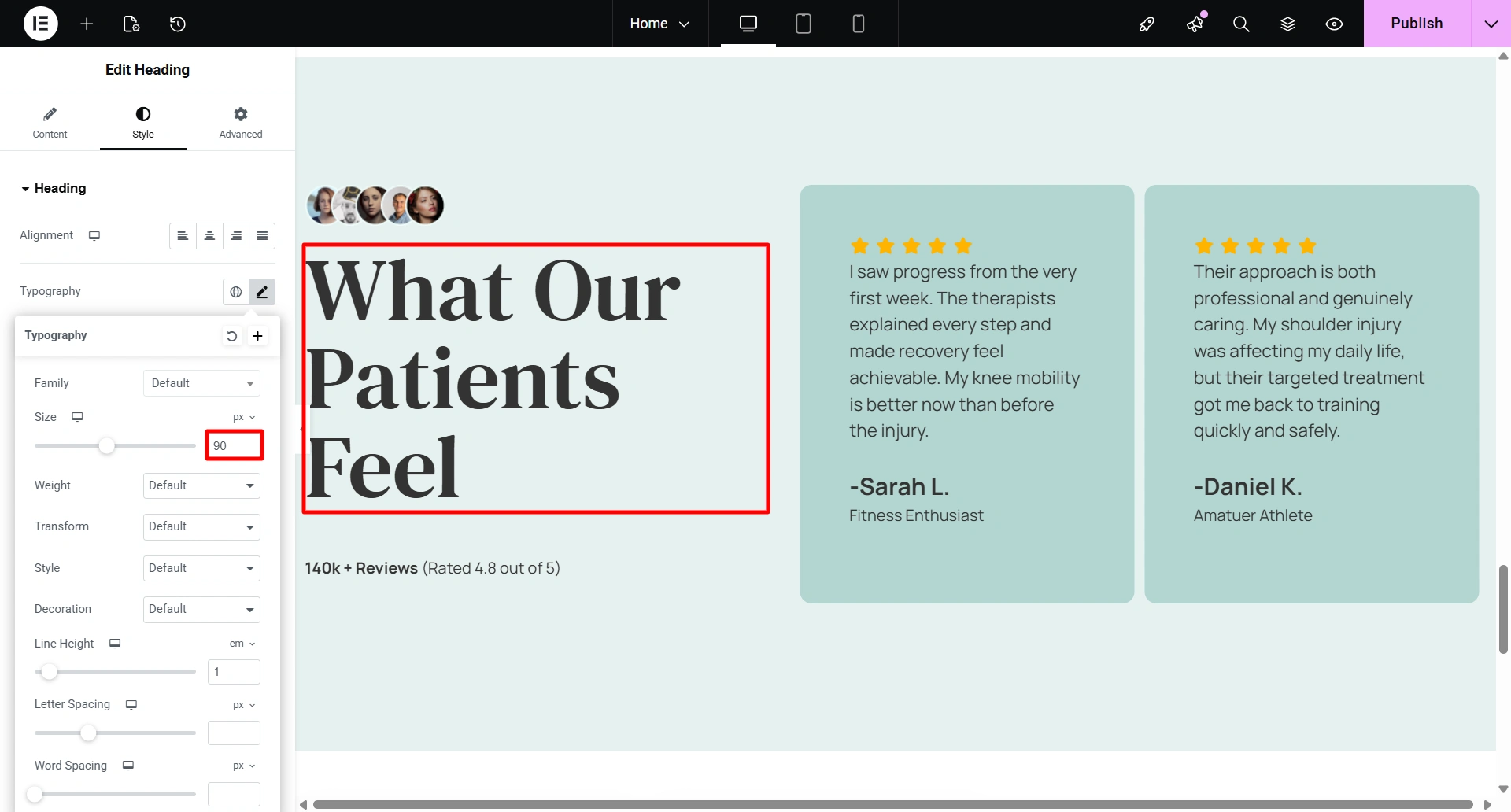 Font size changed in Elementor