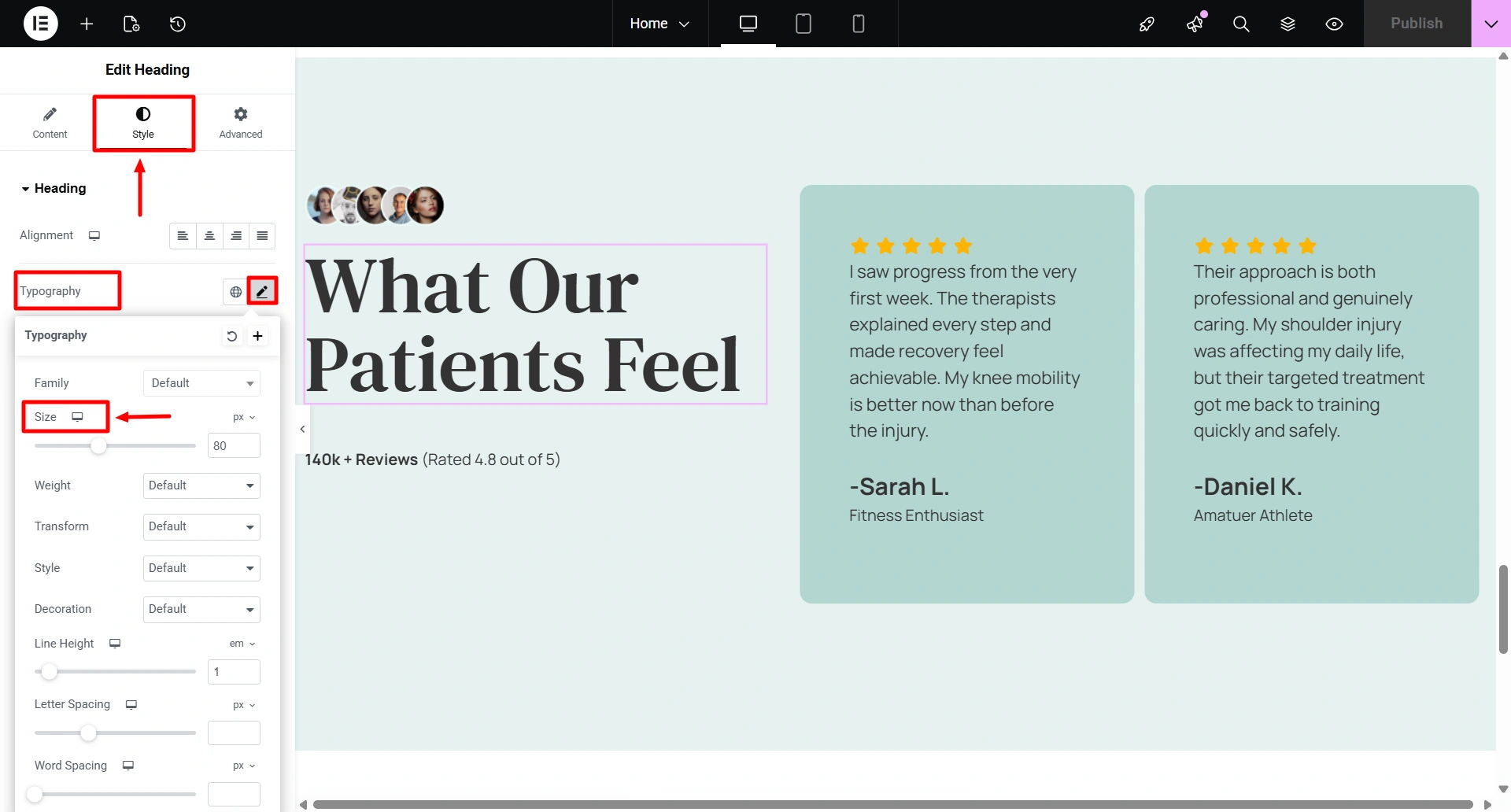 Select the options to change the font size