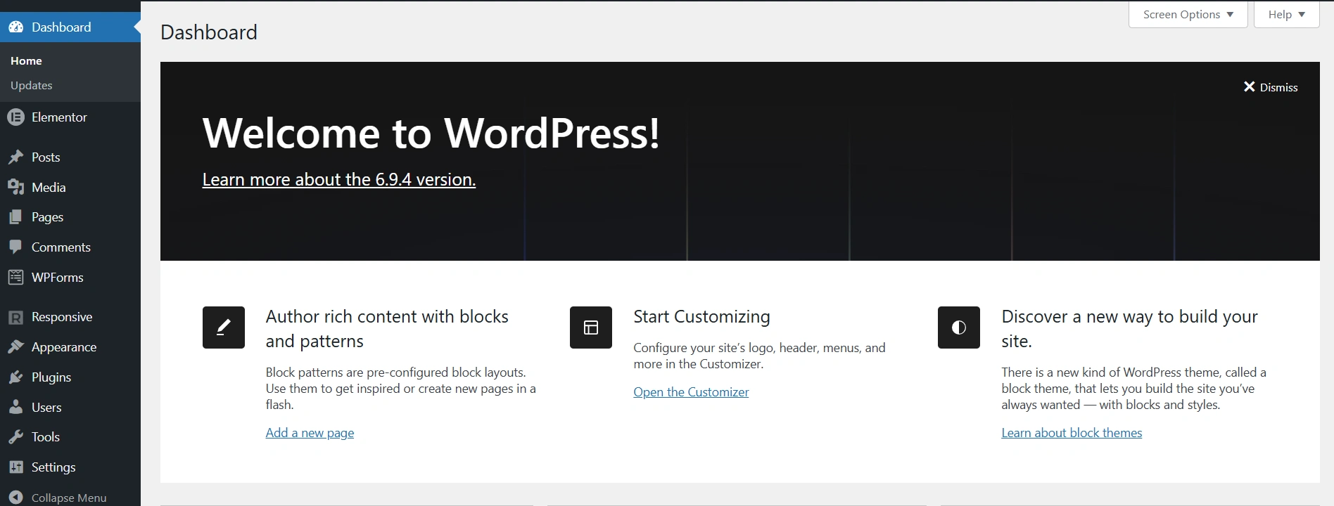 Wordpress dashboard