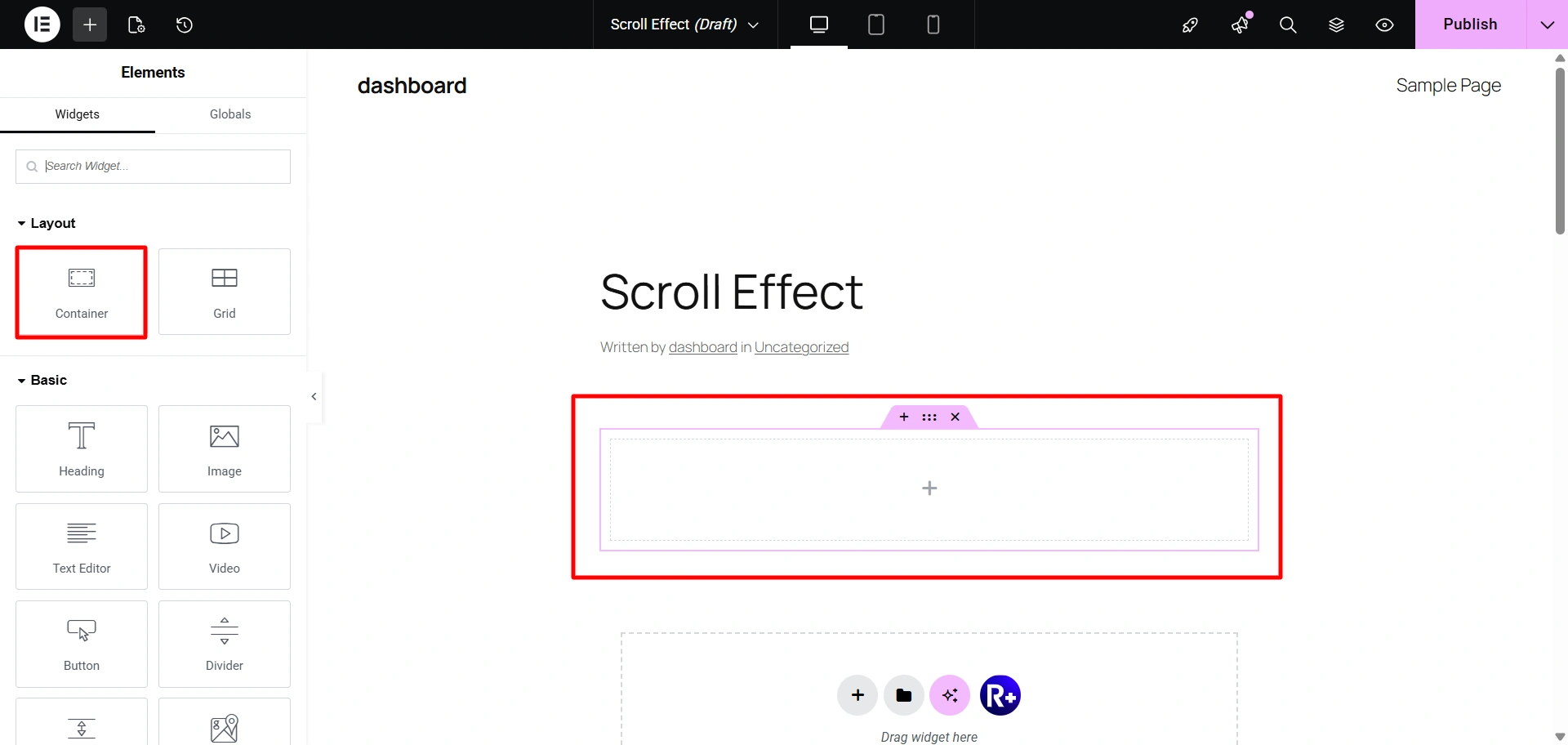 Click on container