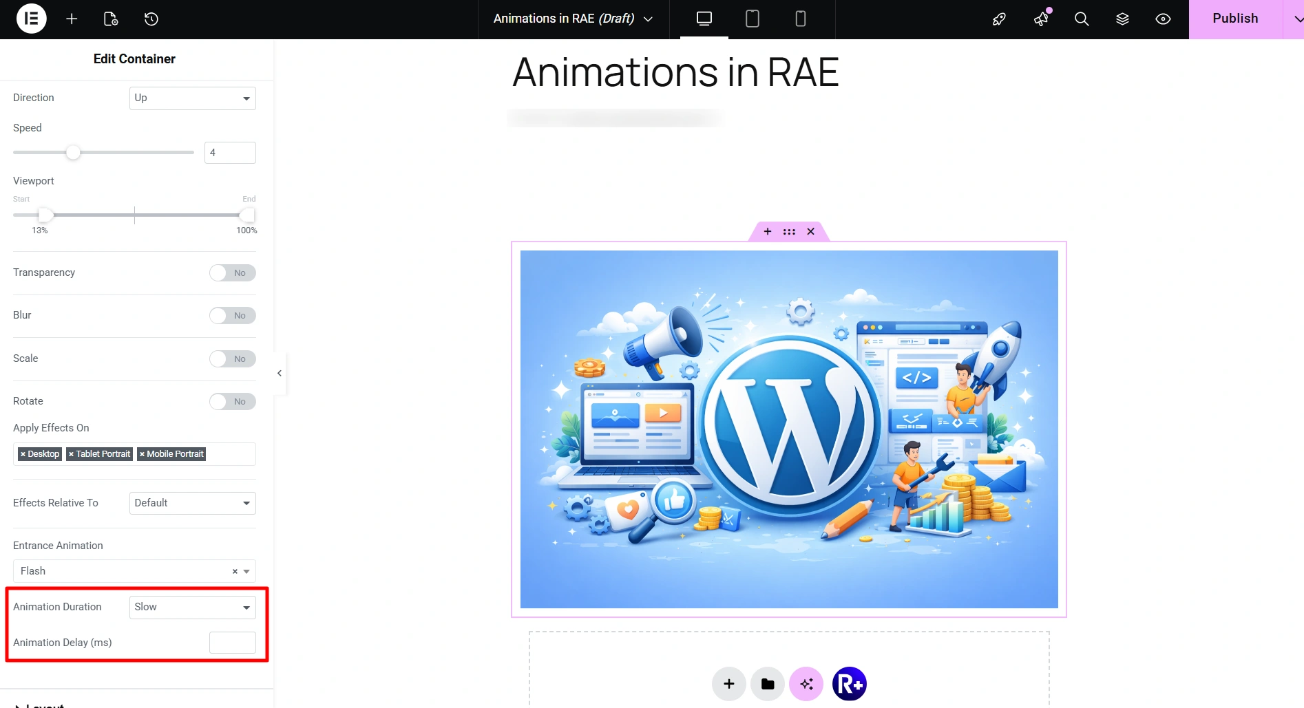 Animation duration and delay in RAE