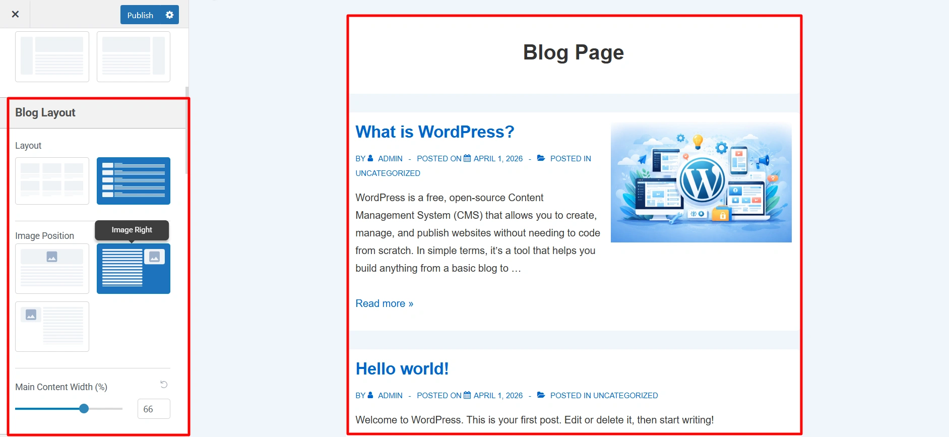 Blog layout in Blog and Archive settings