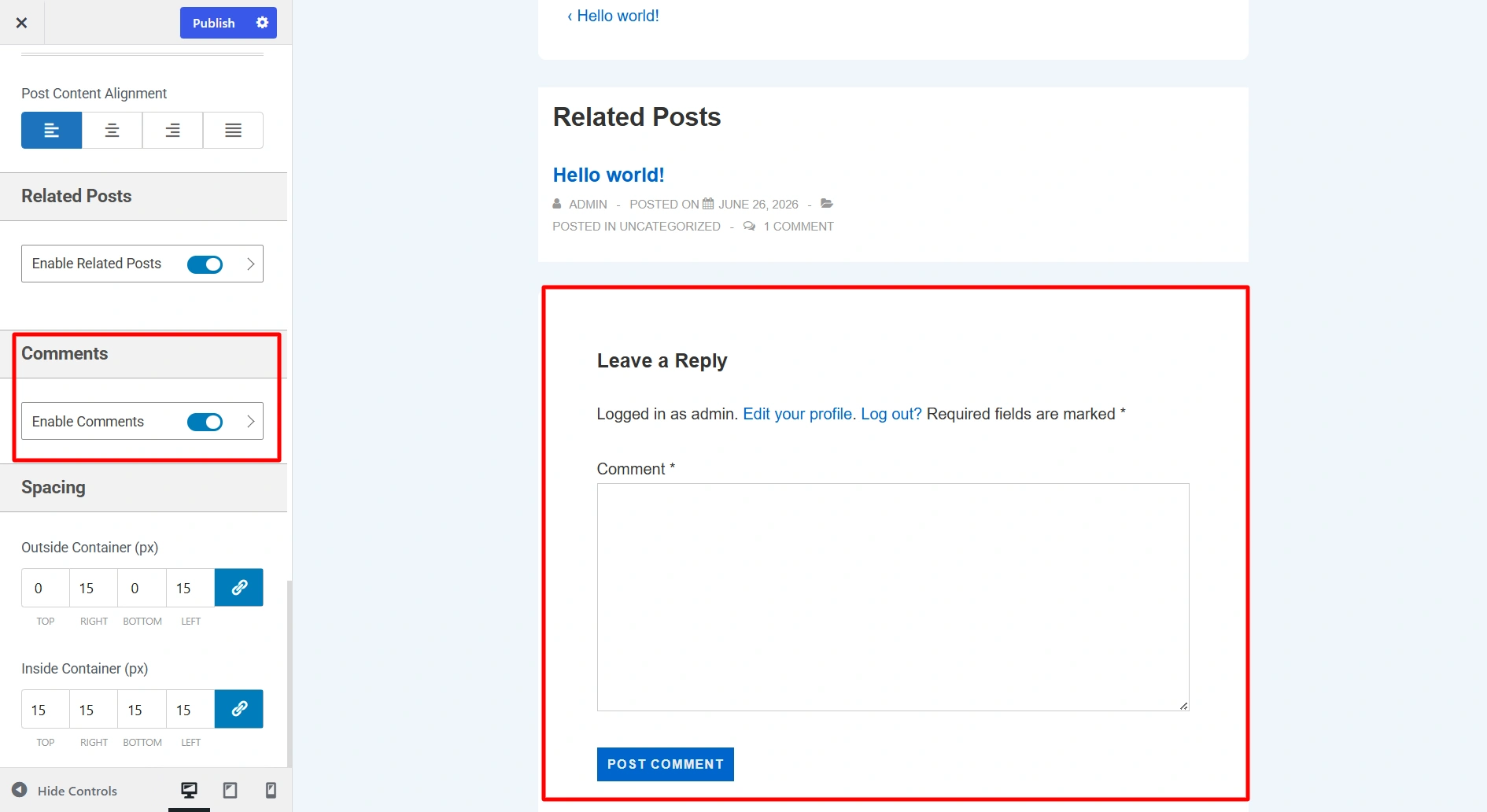 Comments box in Single post