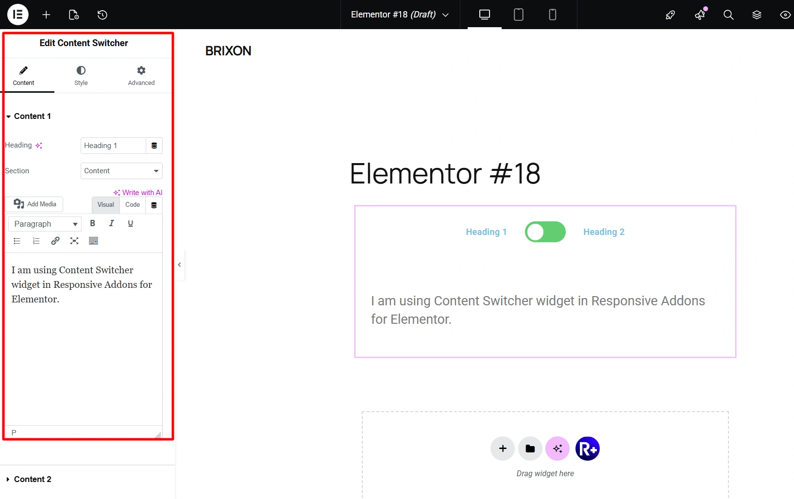 Content switcher RAE widget