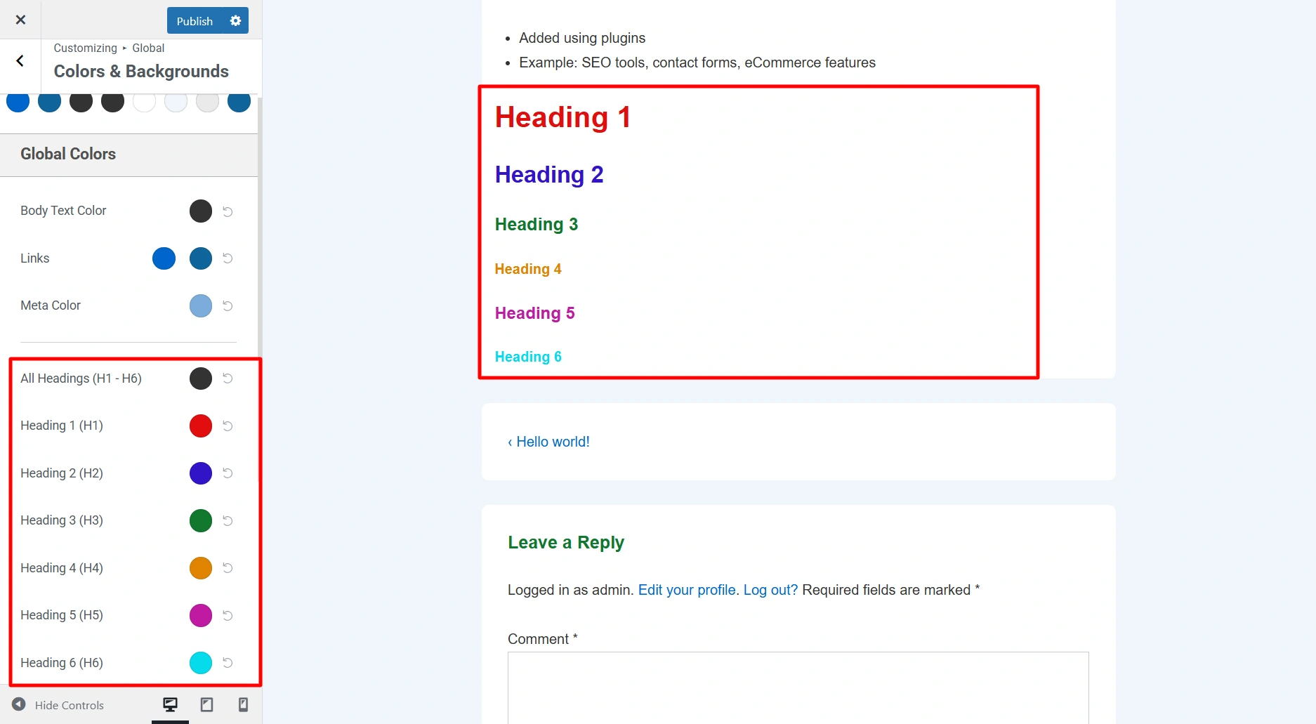 How to customize individual heading colors in Global settings