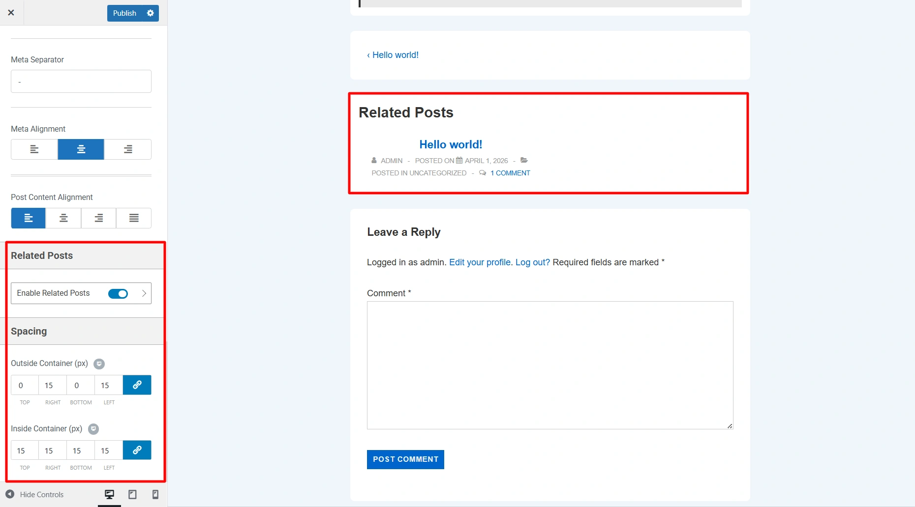 Related posts options in Single Post settings